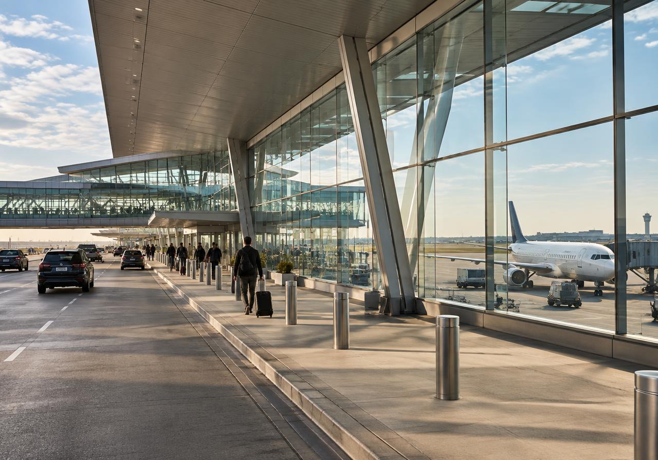 Representative airport departures terminal with a passenger aircraft, not DFW photography