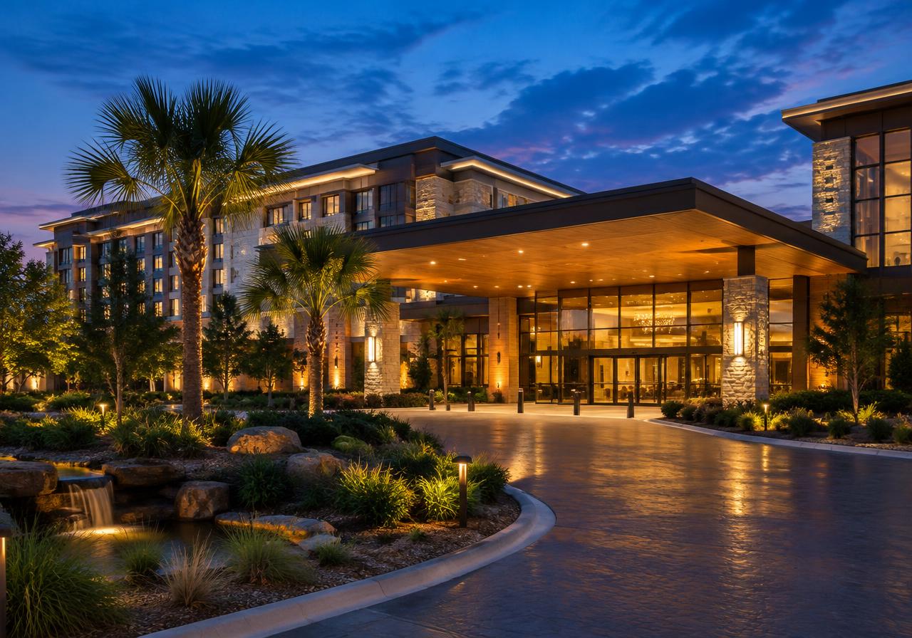 Representative casino-resort entrance illuminated at dusk, not WinStar photography