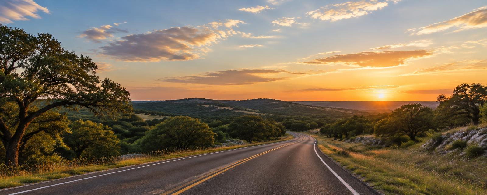 Representative winding Texas highway through oak-covered hills at sunset