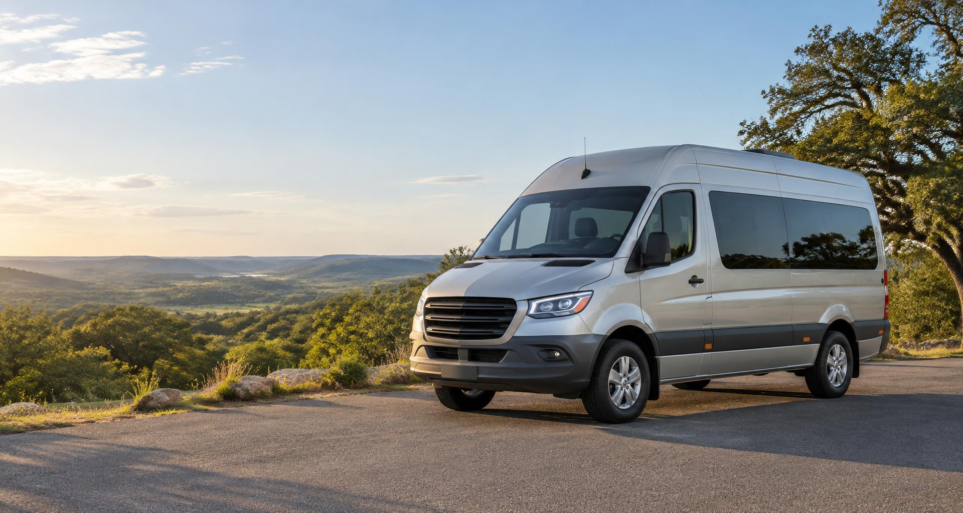 Representative silver high-roof passenger van overlooking the Texas countryside