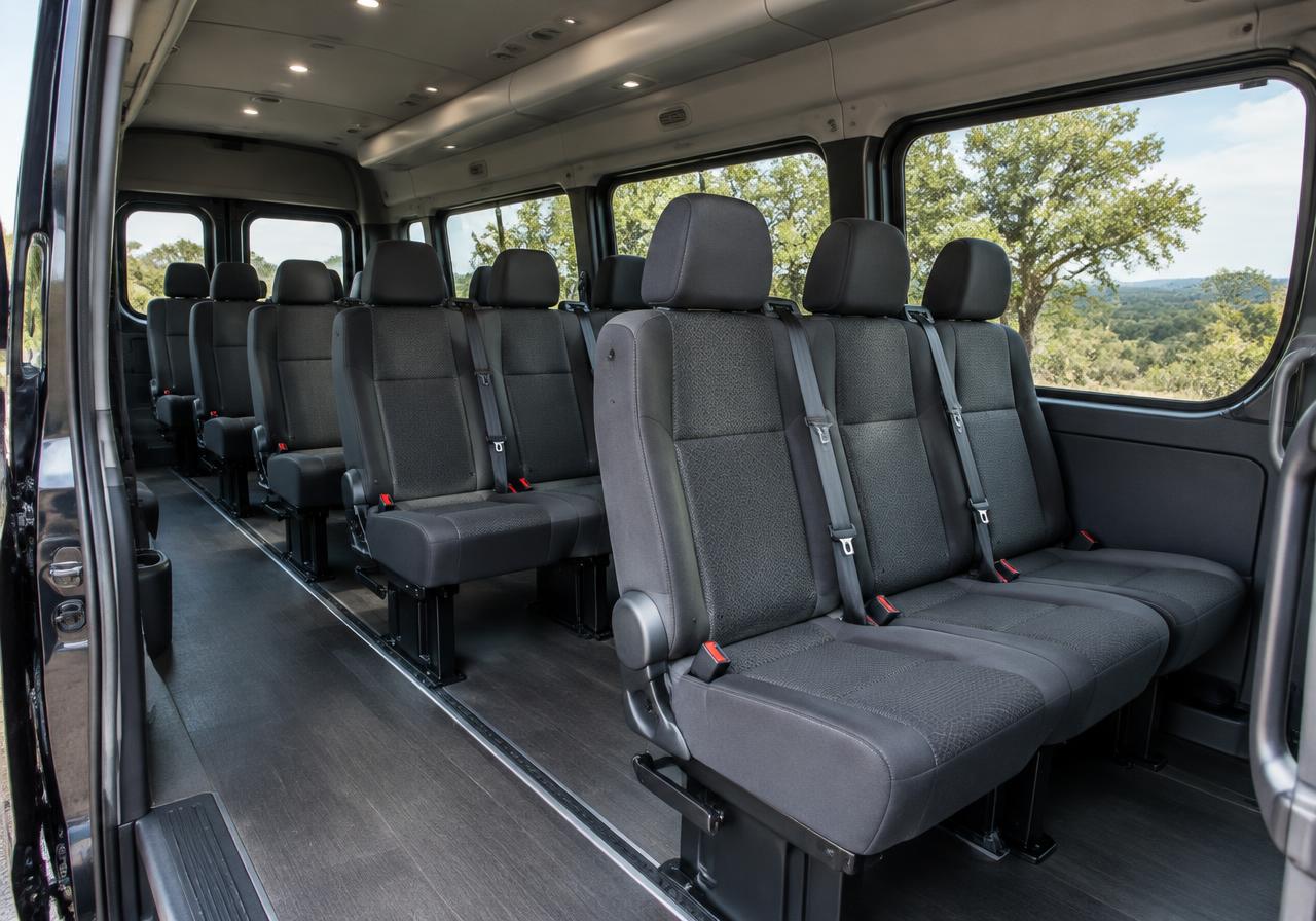 Representative passenger-van interior with rows of upholstered seats and large windows